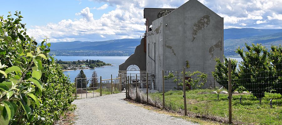 Grape Vines and Apple Orchard surround the Crown & Thieves Winery overlooking Okanagan Lake in West Kelowna.